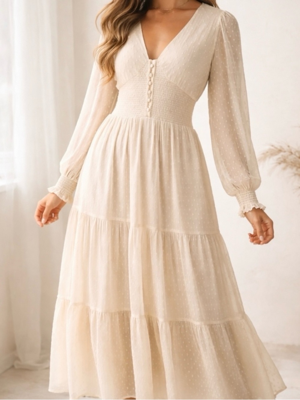 Patrons of Peace Maxi Dress Women M Ivory Swiss Dot Smocked Boho Cottagecore